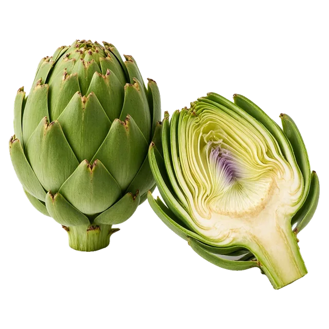 Alcachofa entera y alcachofa partida por la mitad