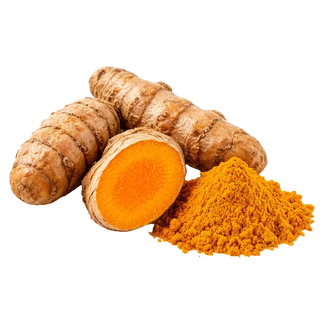 Raíces de cúrcuma y cúrcuma en polvo